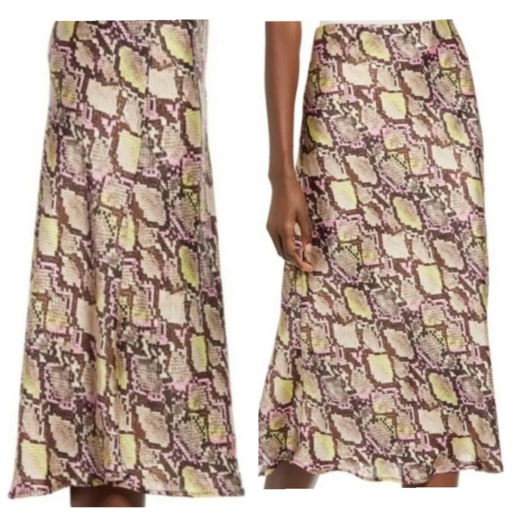 NWT Leith Satin Midi Skirt - Pink and Green Snakeskin - Size XL